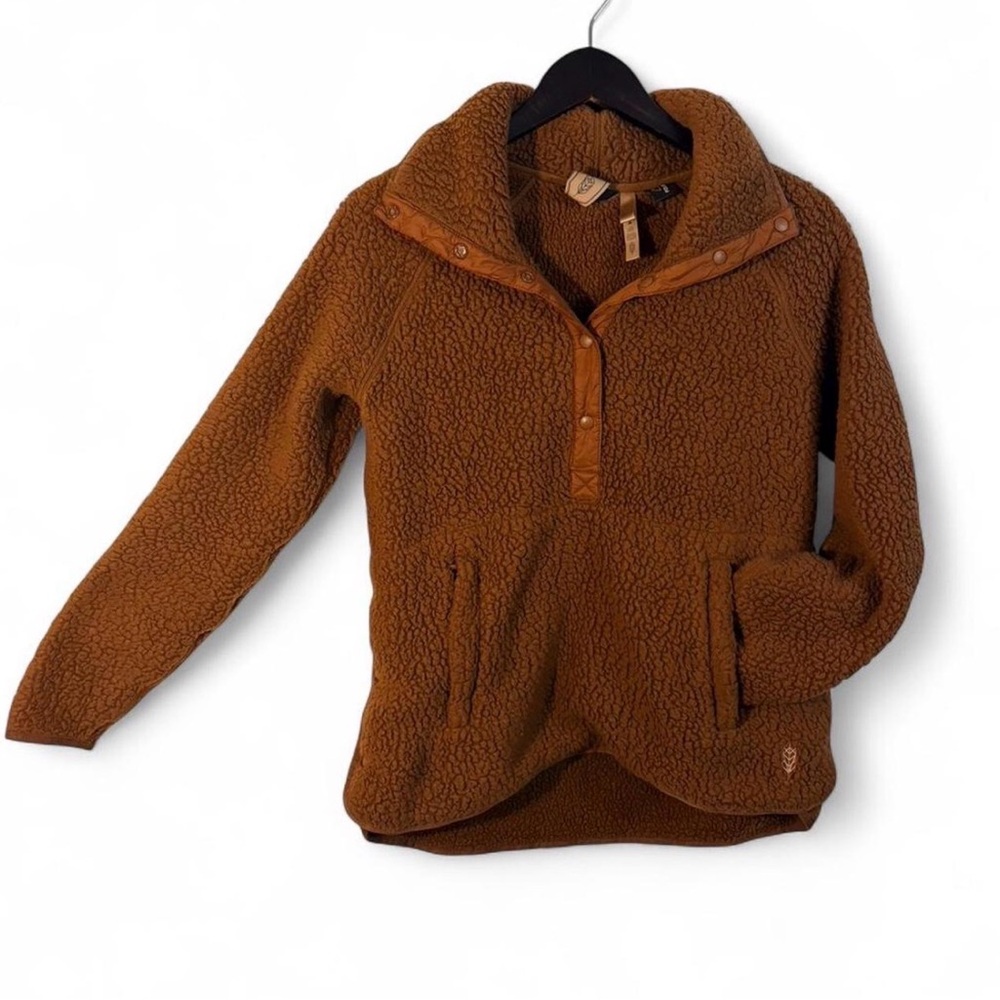 Indygena Brown Sherpa Pullover Sweater Collared Snap Button Pockets XS